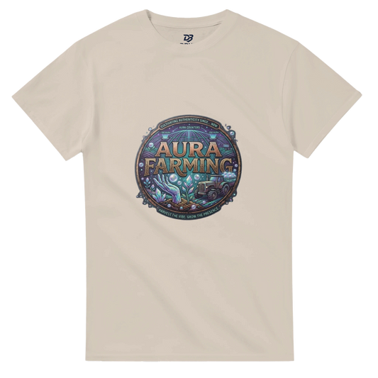 Sand crewneck t-shirt with circular printed emblem on the chest
