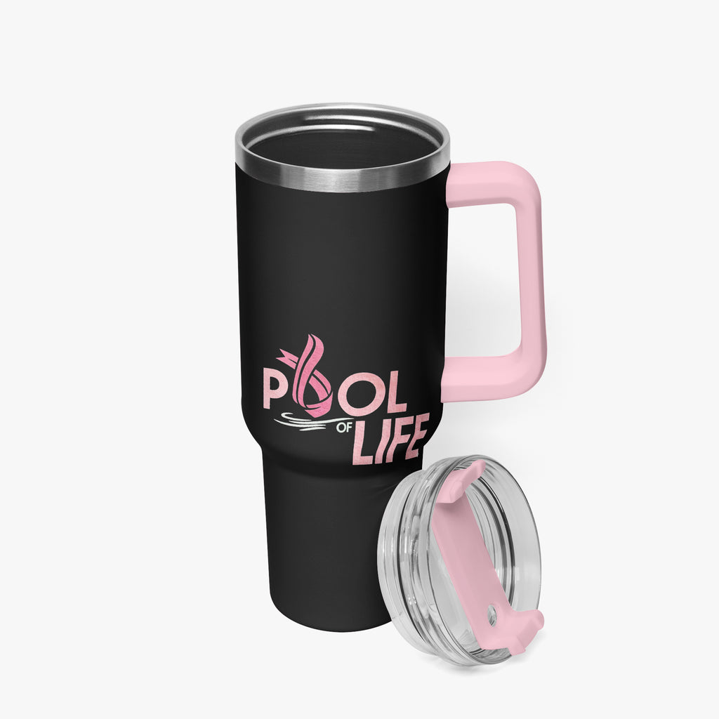 A black insulated travel mug with a pink handle and matching pink lid, featuring the text 'POOL OF LIFE' in pink on the front. The mug is shown on a clean white background with its lid placed beside it.