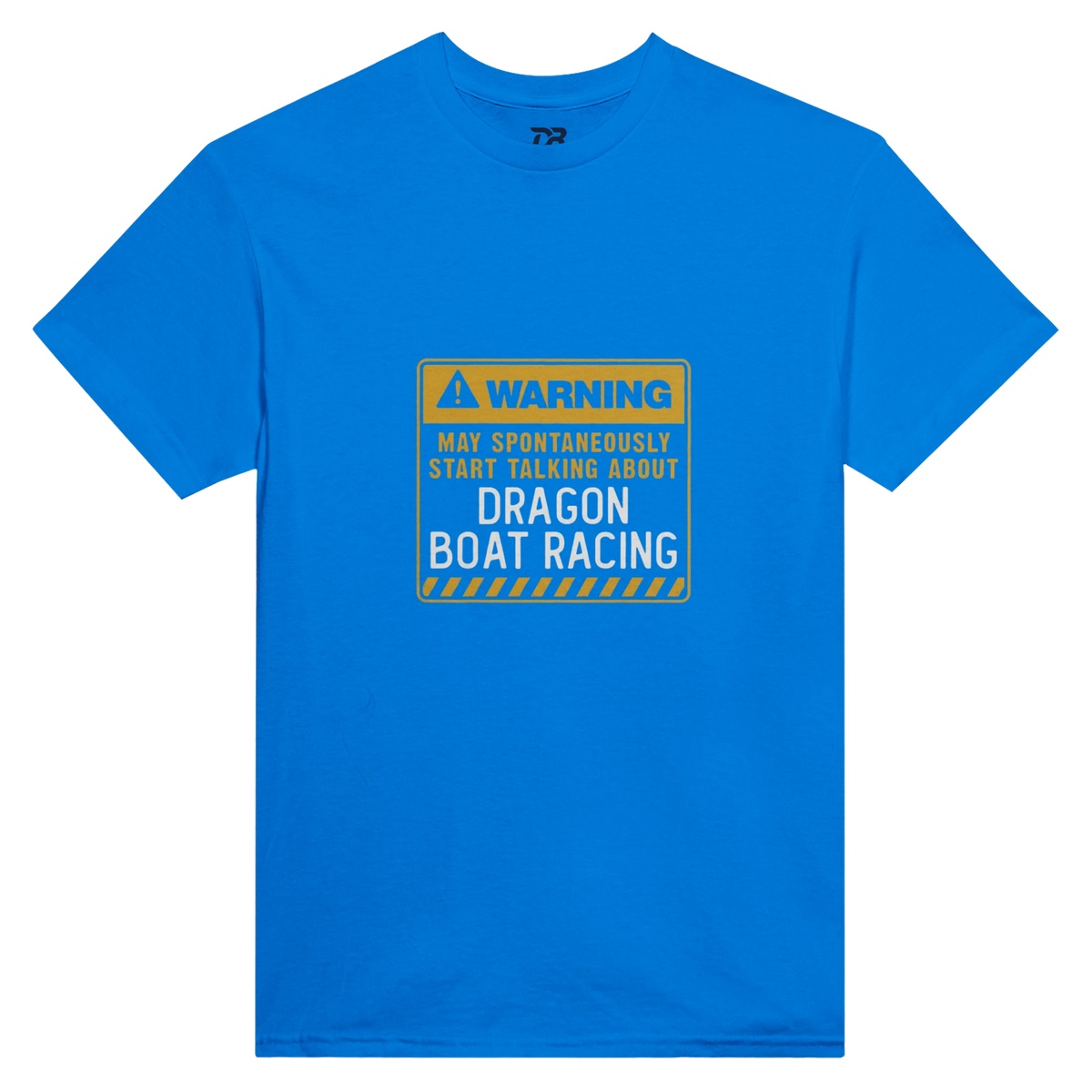 Unisex crewneck T-shirt, royal blue with warning boat racing graphic on chest.