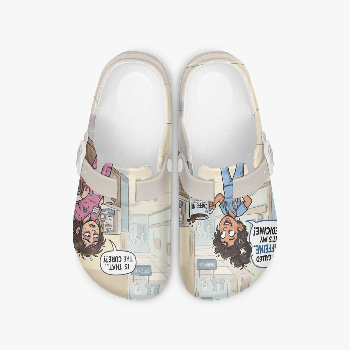 Pair of lightweight EVA clogs with beige straps and nurse comic print