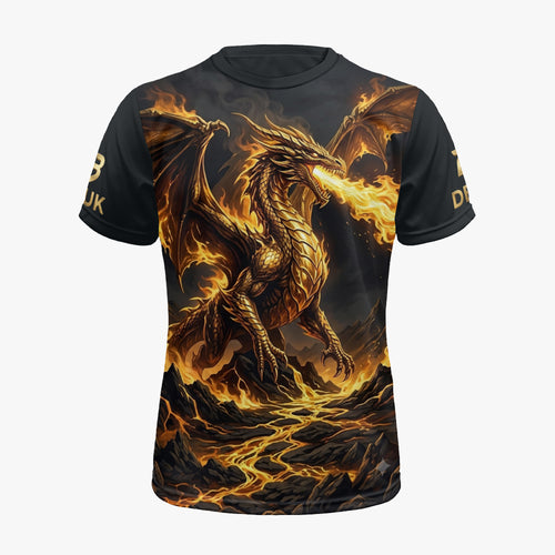 Black crew-neck jersey with all-over gold-and-orange dragon graphic