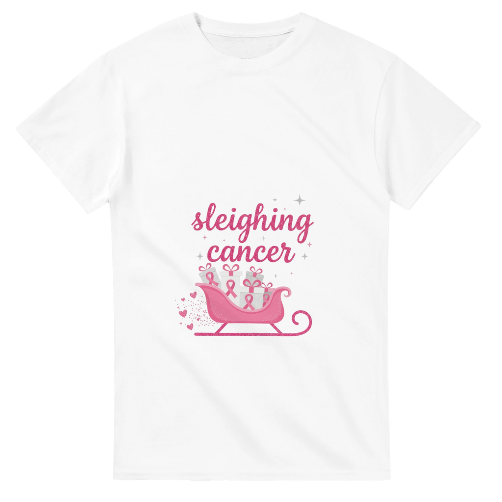 White cancer support T-shirt with pink “sleighing cancer” sleigh graphic