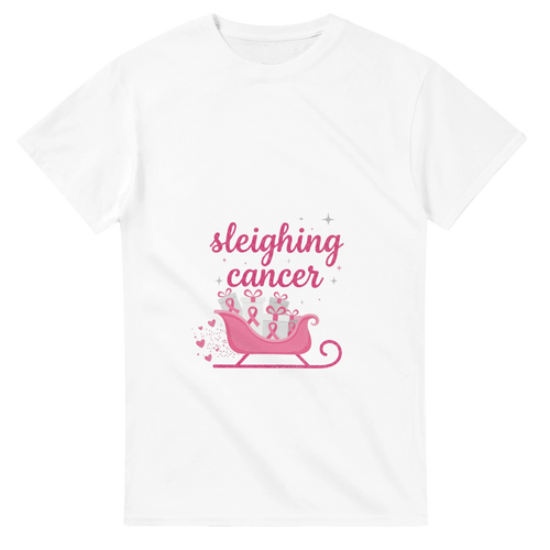 White cancer support T-shirt with pink “sleighing cancer” sleigh graphic