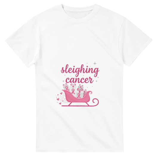 White cancer support T-shirt with pink “sleighing cancer” sleigh graphic