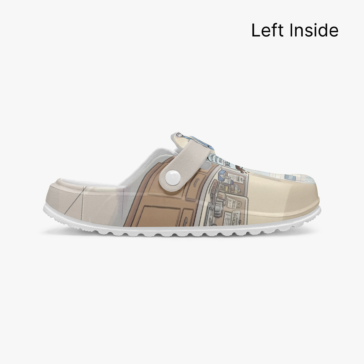 Lightweight EVA clog showing interior and left side, beige nurse comic print