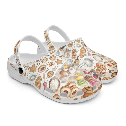 Patterned slip-on kitchen clogs with back strap and white foam sole