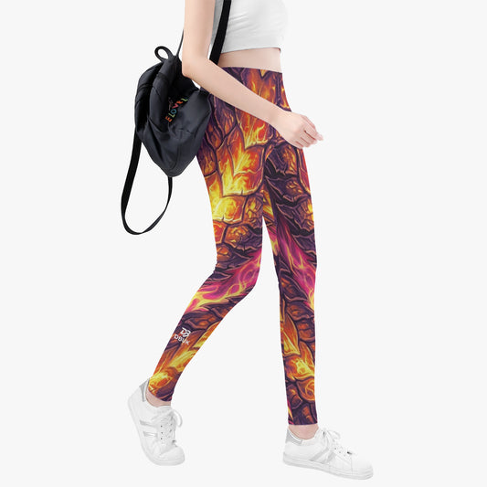 Women's leggings with dragon-scale flame print, side view