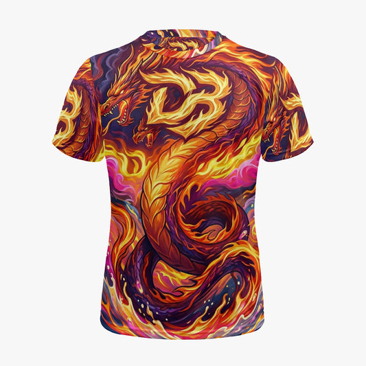 Orange and purple dragon print sports jersey, short sleeves, crew neck