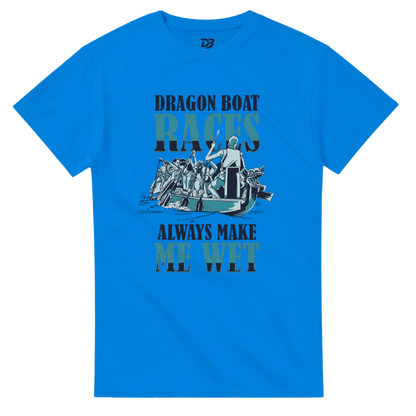 Blue unisex crewneck graphic T-shirt with dragon boat race front print