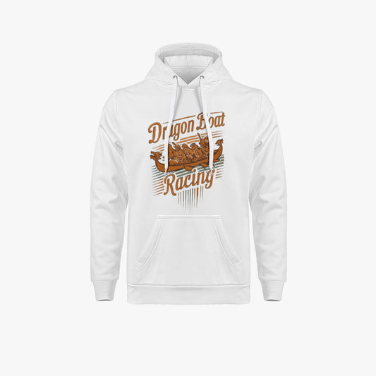 White unisex pullover hoodie with front logo graphic, kangaroo pocket, and hood