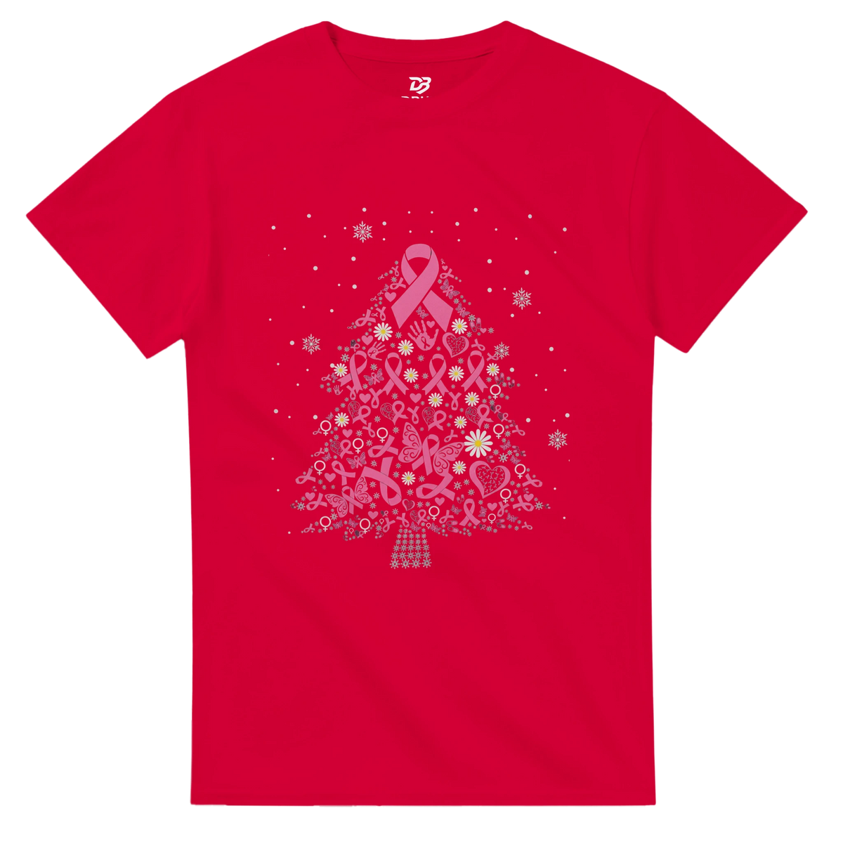 Red tee shirt with pink ribbon Christmas tree graphic and white snowflake dots