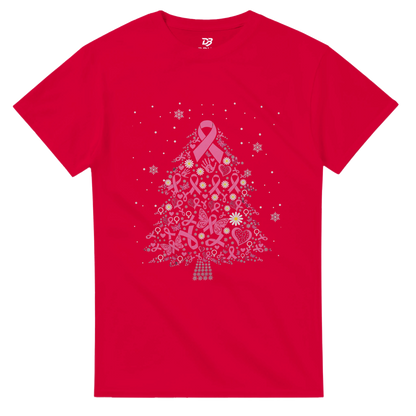 Red tee shirt with pink ribbon Christmas tree graphic and white snowflake dots