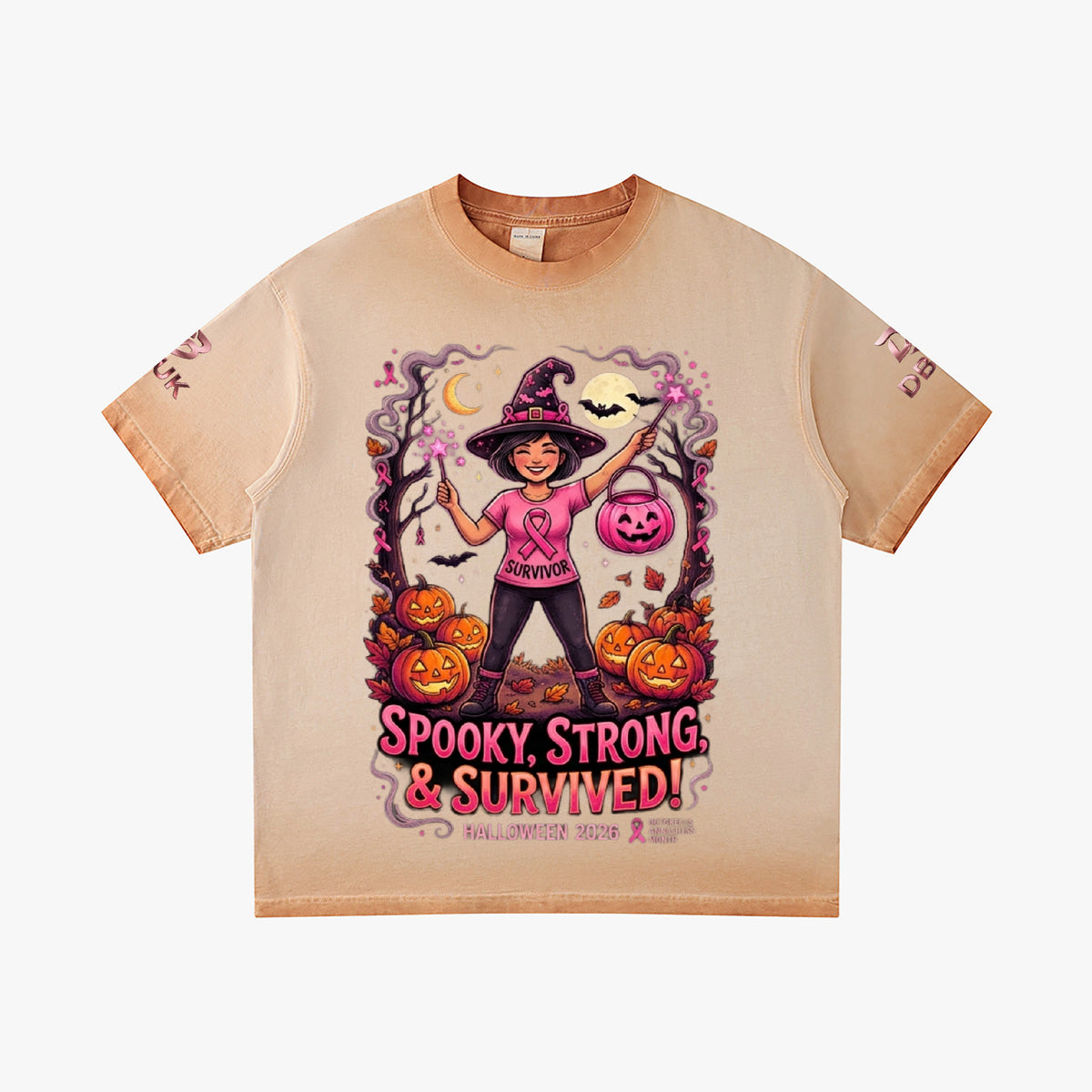 Apricot Halloween graphic tee with witch, pumpkins, and “Spooky Strong & Survived!”