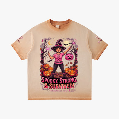 Apricot Halloween graphic tee with witch, pumpkins, and “Spooky Strong & Survived!”