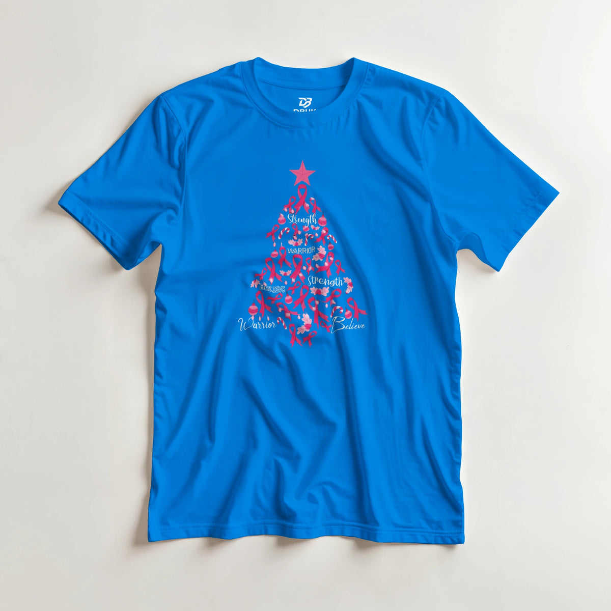 Blue crew-neck T-shirt with pink ribbon Christmas tree graphic on the front