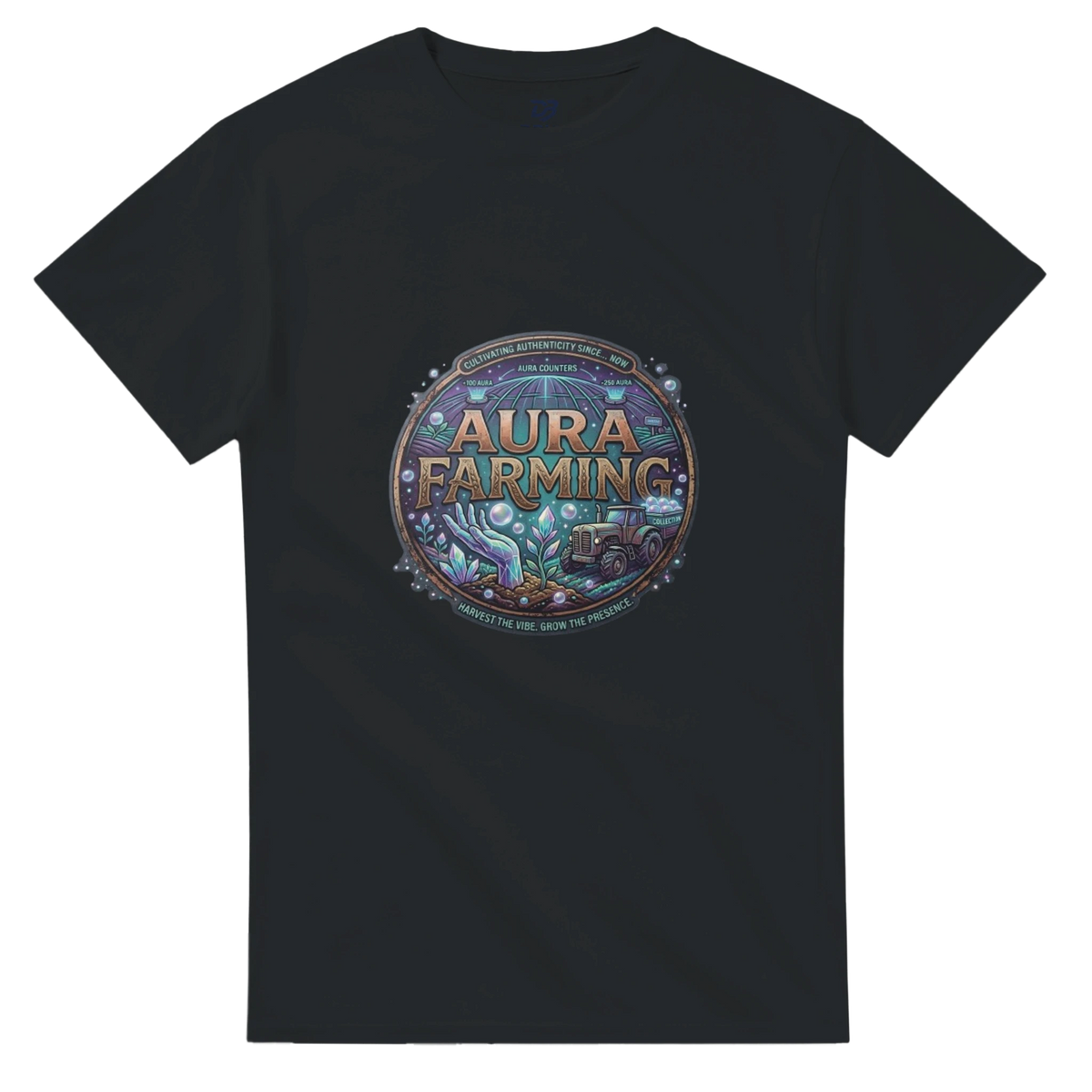 Black crewneck t-shirt with circular printed emblem on the chest