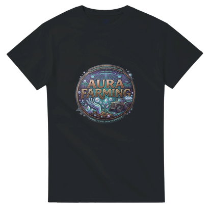 Black crewneck t-shirt with circular printed emblem on the chest