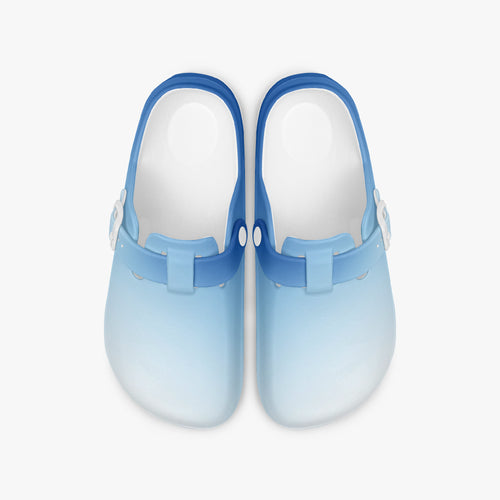 Light blue EVA slip-on clogs with back strap and buckle detail