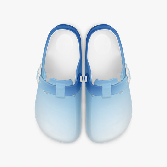 Light blue EVA slip-on clogs with back strap and buckle detail