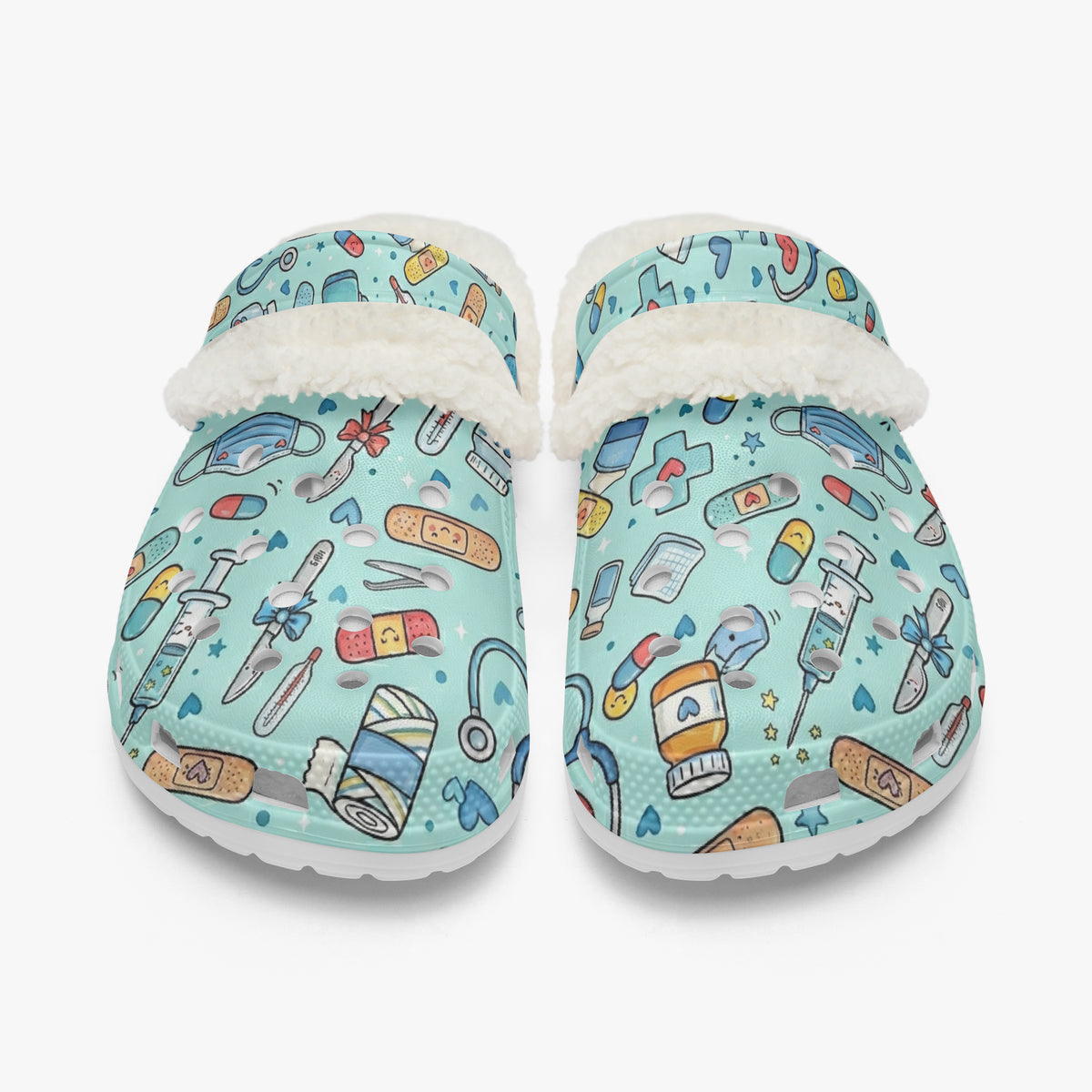Cartoon medical print lined slide slippers with sherpa-like trim, light blue pattern