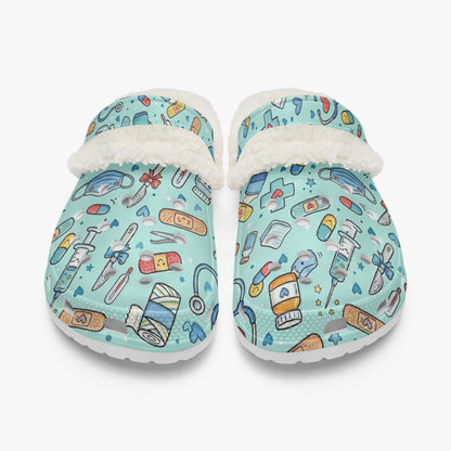 Cartoon medical print lined slide slippers with sherpa-like trim, light blue pattern