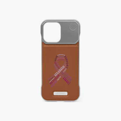 Brown metal phone case with camera cutout, speaker holes, and pink logo graphic.