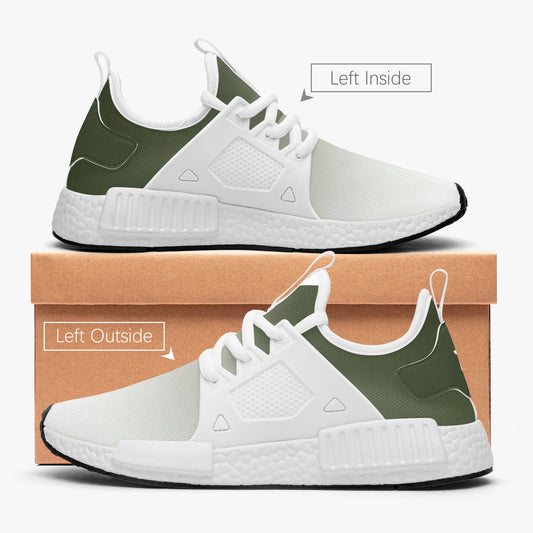 Sneaker with white front and green side panels, textured sole, lace-up athletic style