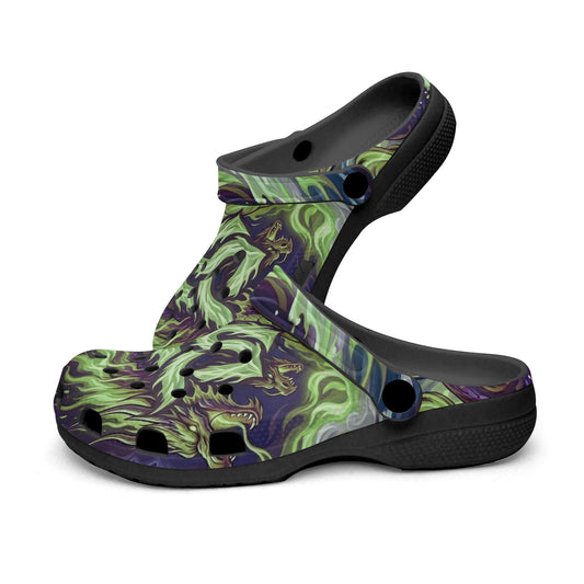 Paddler clogs with green and purple dragon print upper and black slip-on strap