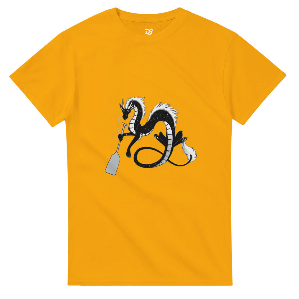 Gold unisex crewneck graphic T-shirt with dragon holding a paddle and ring