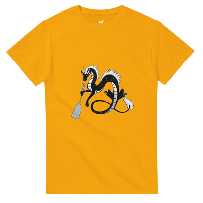 Gold unisex crewneck graphic T-shirt with dragon holding a paddle and ring