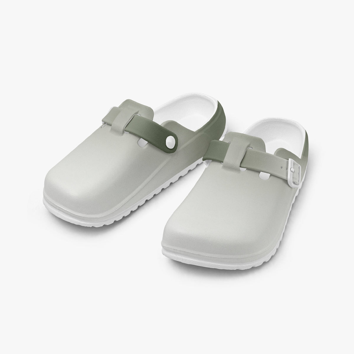 Pair of light gray EVA clogs with dark green accents and adjustable side straps