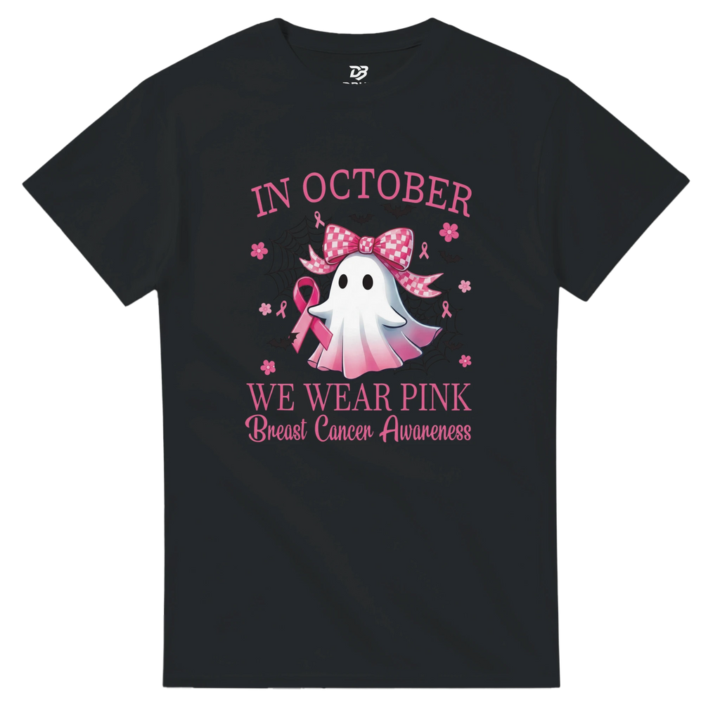 Black unisex T-shirt with pink “WE WEAR PINK” text and ghost dragon graphic