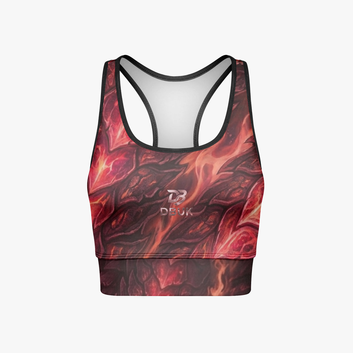 Cropped yoga tank top with racerback and red flame-style all-over print, black trim