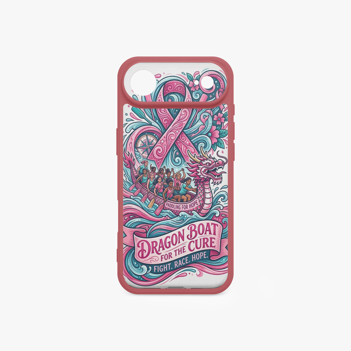 iPhone 17 phone case with pink frame and teal-pink dragon boat for the cure graphic