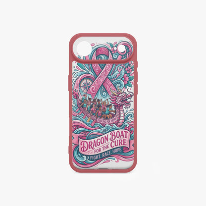 iPhone 17 phone case with pink frame and teal-pink dragon boat for the cure graphic