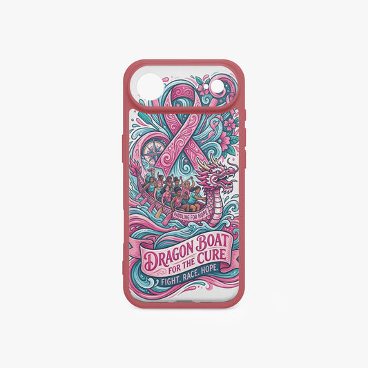 iPhone 17 phone case with pink frame and teal-pink dragon boat for the cure graphic
