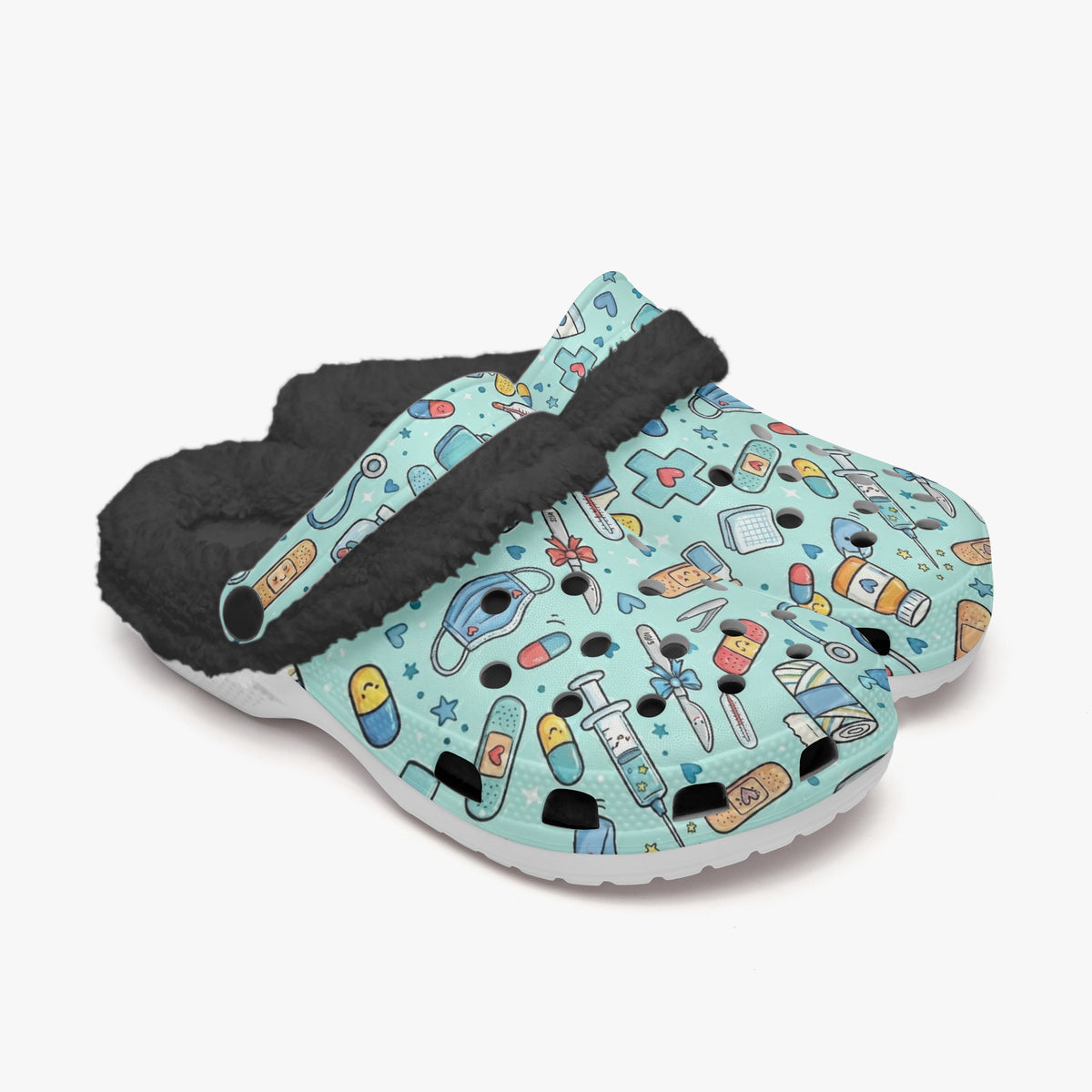 Teal medical-themed lined slides with black plush fur lining and cushioned sole