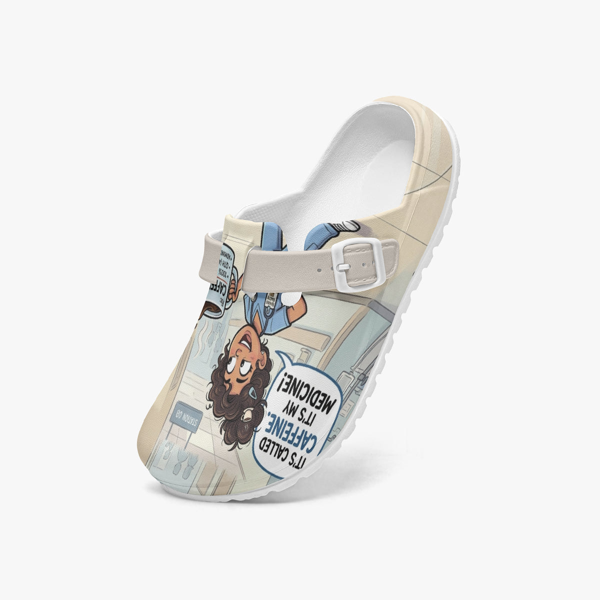 Lightweight EVA clog left inside view, beige strap with nurse comic artwork