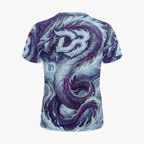Men's sports jersey, back view, all-over blue and purple dragon print, crew neck