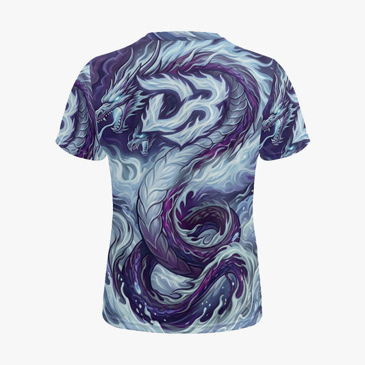 Men's sports jersey, back view, all-over blue and purple dragon print, crew neck
