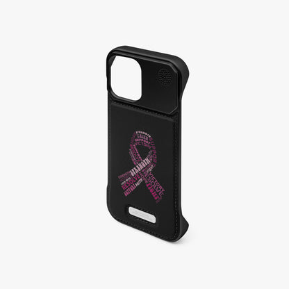 Black metal phone case with camera cutout, speaker holes, and pink logo graphic.