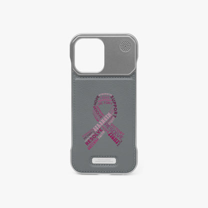 Grey metal phone case with camera cutout, speaker holes, and pink logo graphic.