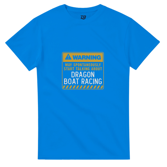 Unisex crewneck T-shirt, bright blue with warning boat racing graphic on chest.