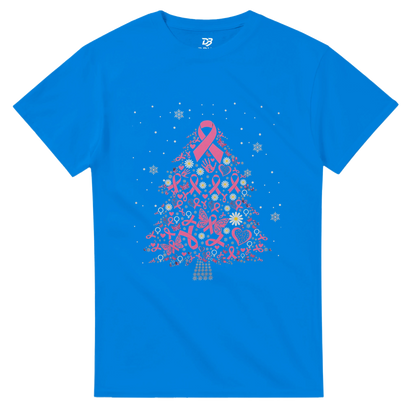 Blue tee shirt with pink ribbon Christmas tree graphic and white snowflake dots