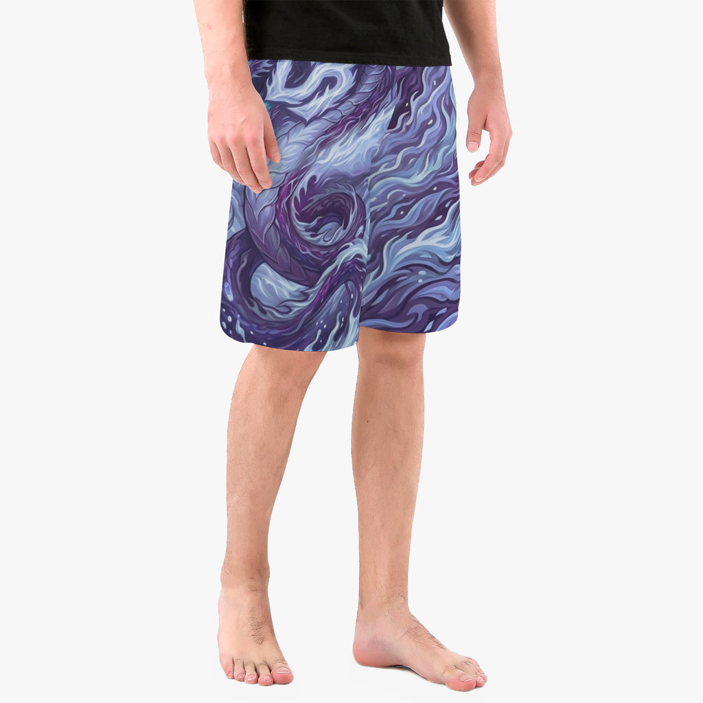 Board shorts with purple-and-blue dragon swirl all-over print, side view