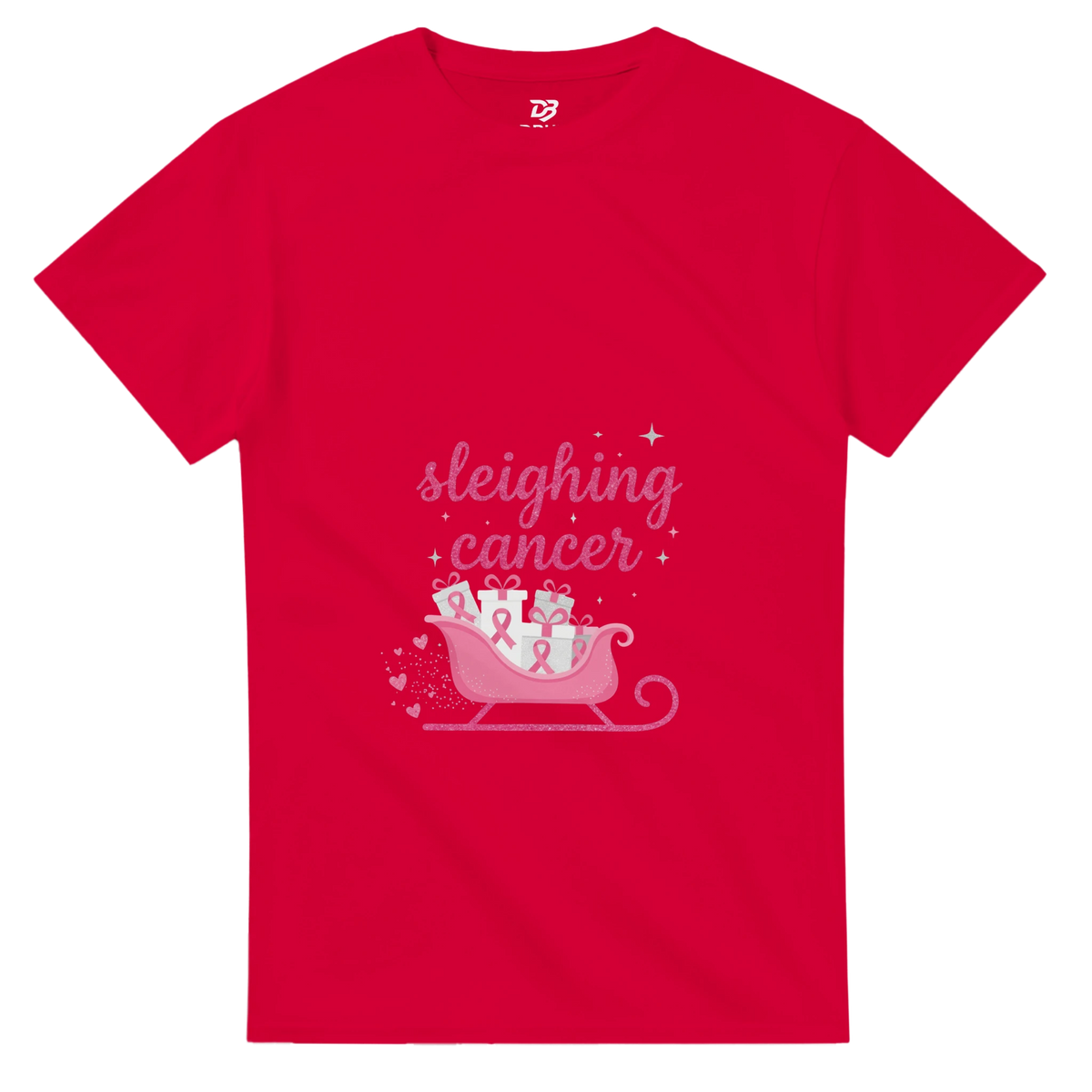 Red cancer support T-shirt with pink “sleighing cancer” sleigh graphic