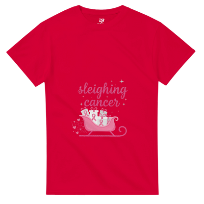Red cancer support T-shirt with pink “sleighing cancer” sleigh graphic