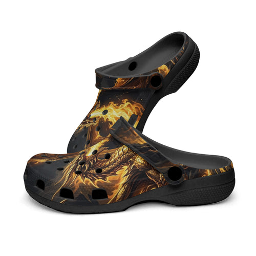 All-over dragon print clogs, side view with adjustable strap and vent openings