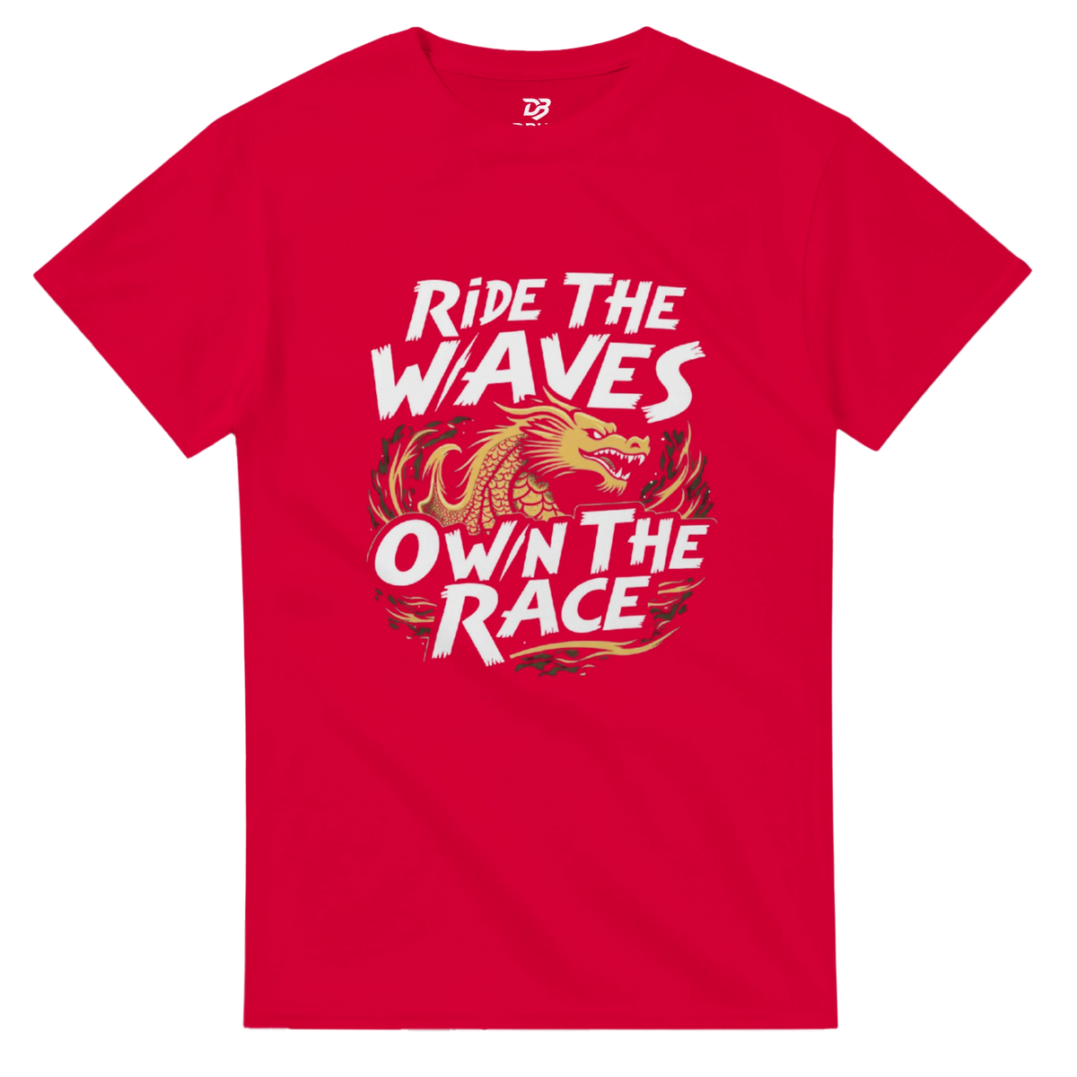 Unisex red T-shirt with “Ride the Waves / Own the Race” dragon graphic on front