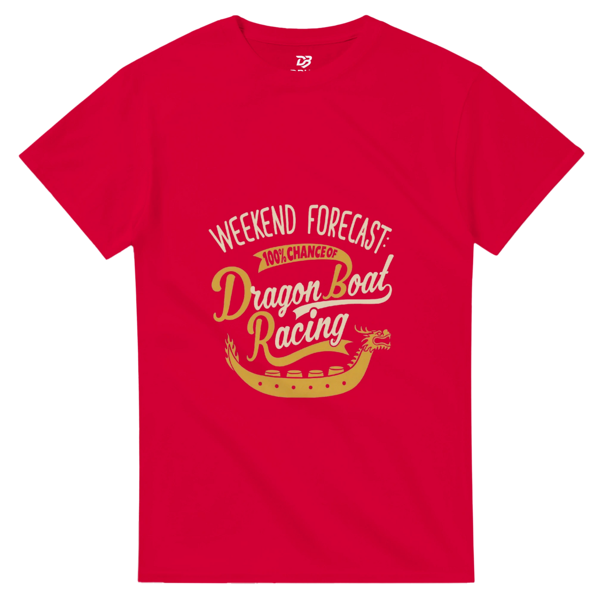 Red unisex crewneck tee with Weekend Forecast Dragon Boat Racing graphic